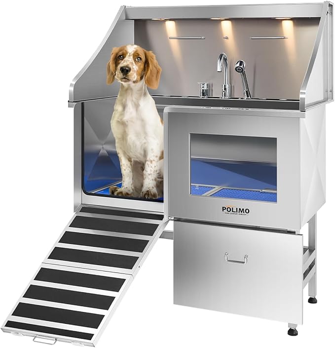 polimo Dog Washing Station, LED Professional Stainless Steel Dog Bathing Station 38", Dog Grooming Tub for Large, Medium &amp; Small Dog - with Window, Ramp, Drawer, Floor Grate &amp; Faucet (Left RAMP, 38")