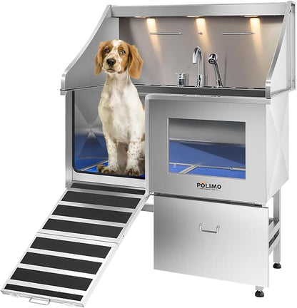 polimo Dog Washing Station, LED Professional Stainless Steel Dog Bathing Station 38", Dog Grooming Tub for Large, Medium &amp; Small Dog - with Window, Ramp, Drawer, Floor Grate &amp; Faucet (Left RAMP, 38")