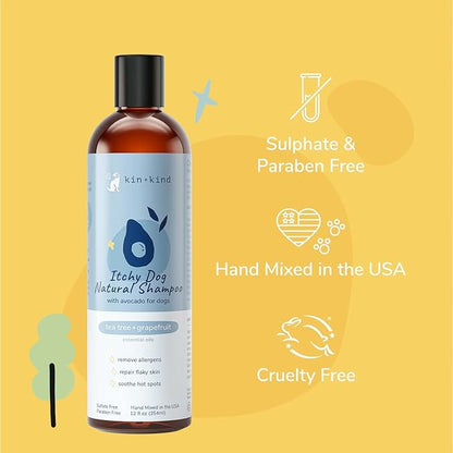 kin+kind Pet Shampoo for Itchy Dog and Cat (12 fl oz) - Soothe Itch and Hot Spot Irritation - Safe, Natural Formula with Olive Oil, Coconut Oil and Avocado Oil - Made in USA