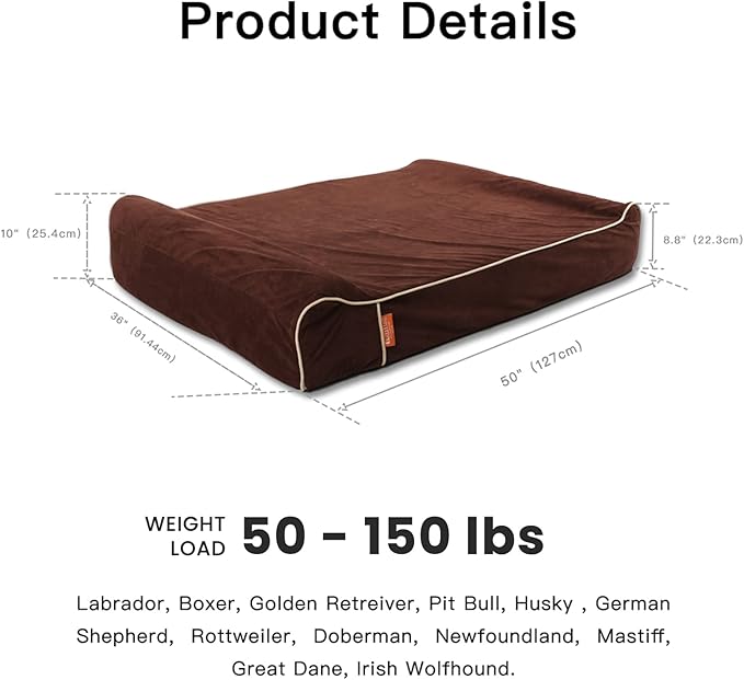 Laifug Orthopedic Memory Foam Extra Large Dog Bed Pillow(50"x36"x10", Chocolate) Durable Water Proof Liner &amp; Removable Washable Cover &amp; Smart Design