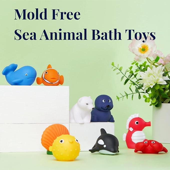 XY-WQ Bath Toys No Hole, for Infants 6-12&amp; Toddlers 1-3, No Hole Bathtub Toys (Sea Animals, 9 Pcs with Mesh Bag)