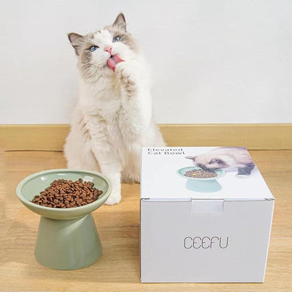 Extra Wide Elevated Ceramic Cat Food Bowl - 6.2" Shallow Dish for Whisker Fatigue Relief, 5" Height for Easy Feeding, Lead &amp; Cadmium Free, Durable Raised Cat Food Bowls, Sage Green