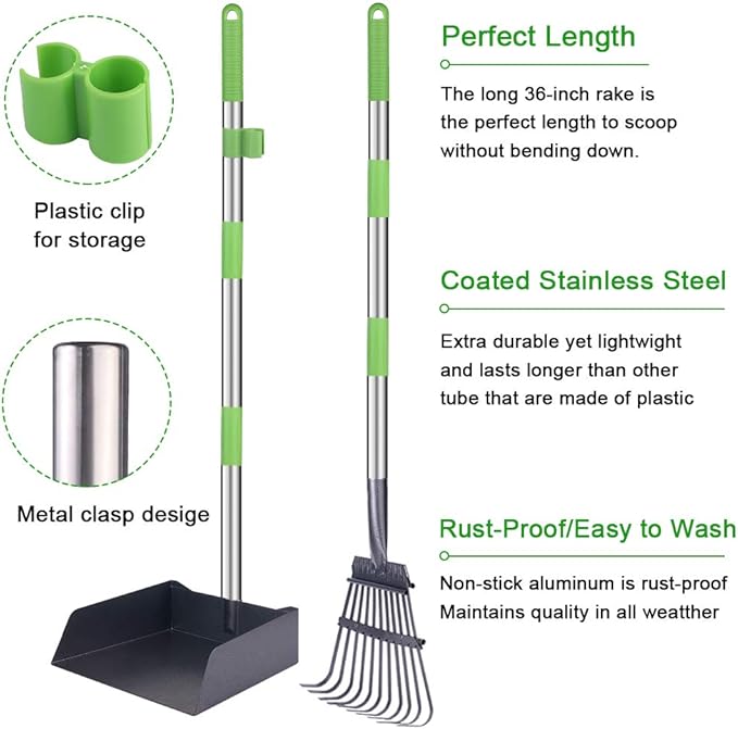 TNELTUEB Extra Large Dog Pooper Scooper, Metal Pet Poop Tray &amp; Rake Set, Adjustable Long Handle for Large Dogs - Great for Grass/Street/Gravel