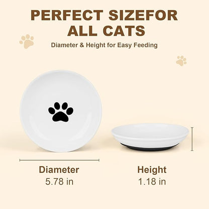 Ceramic Cat Food Bowls - 2 Pack Shallow Plates for Wet Food, Whisker-Friendly Feeding Dish with Non-Slip Silicone Base, Microwave &amp; Dishwasher Safe for Indoor Cats &amp; Kittens