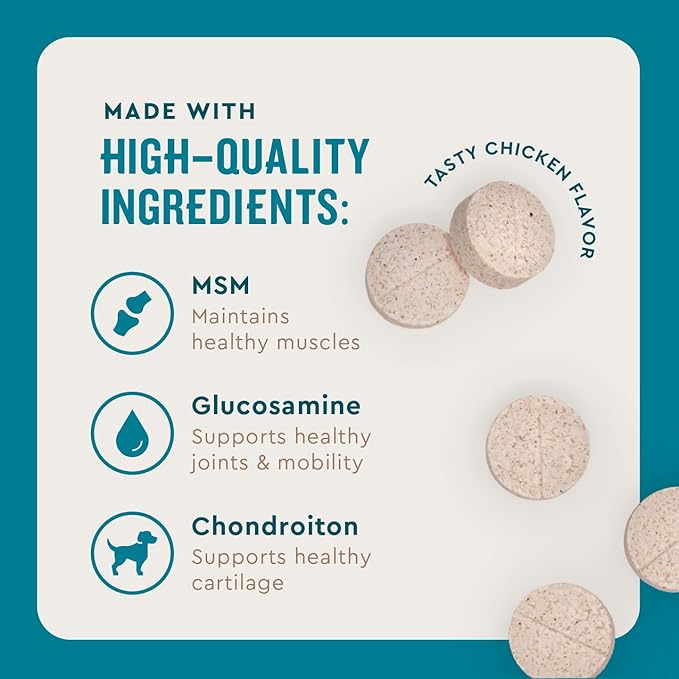 VetIQ Hip &amp; Joint Health Supplement for Dogs, with Glucosamine, Chondroitin &amp; MSM, Chewable Tablets for Dogs, Chicken Flavor, 60 Count