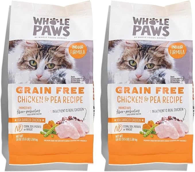 Whole Paws, Grain-Free Dry Cat Food, Chicken &amp; Pea Recipe, Enhanced with Fiber &amp; Prebiotics, Indoor Formula, 3.5 lb (Pack of 2)