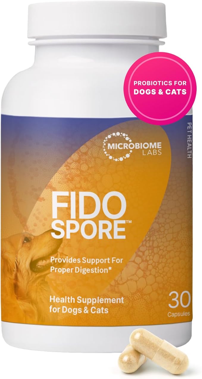 Microbiome Labs Fidospore - Dog Probiotics for Digestive Health &amp; Immune Support - Spore-Forming Pet Probiotics for Dogs &amp; Cats Gut Health - Flavored with Grass Fed Beef Liver (30 Capsules)