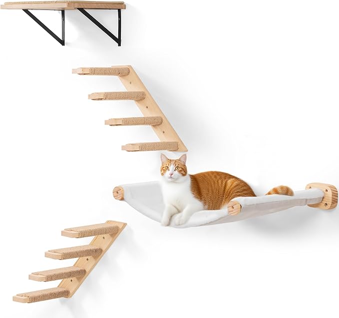 Cat Wall Shelves with 1 Floating Fabric Hammock, 2 Ladders with 4 Steps Each &amp; 1 Flat Cat Shelf, Wall Mounted Bed Furniture &amp; Climber, Indoor Playground
