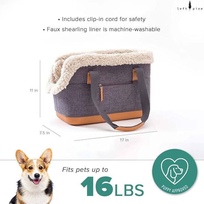 LeftPine x P.L.A.Y. Deluxe Dog Carrier Purse - Soft Sided Pet Travel Tote for Small Dogs &amp; Puppies up to 16 Pounds - Built-in Safety Leash, Machine Washable, Removable Liner, Zipper Pocket (Charcoal)