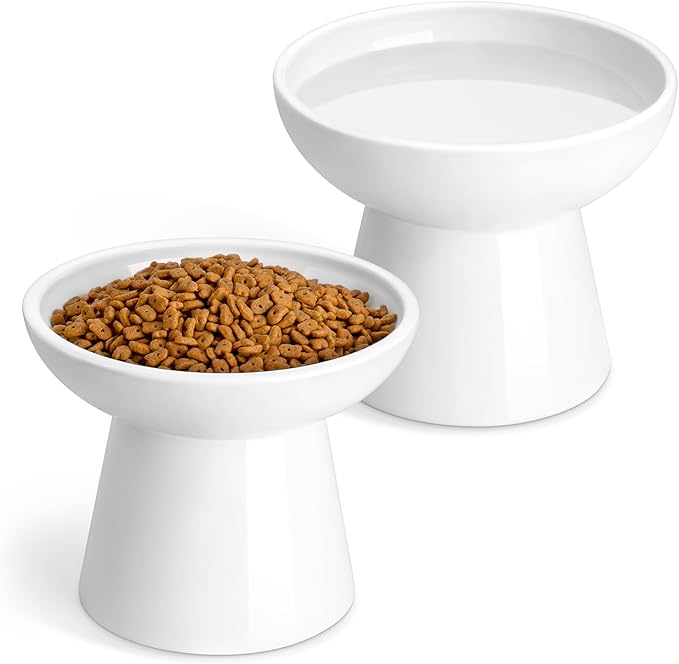 vancasso Ceramic Elevated Cat Bowls 2-Pack - 6.2" Extra Wide Raised Cat Food &amp; Water Dishes, 5.1" Optimal Height Anti-Whisker Fatigue Shallow Bowls for Cats/Kittens/Dogs, Lead &amp; Cadmium Free (White)