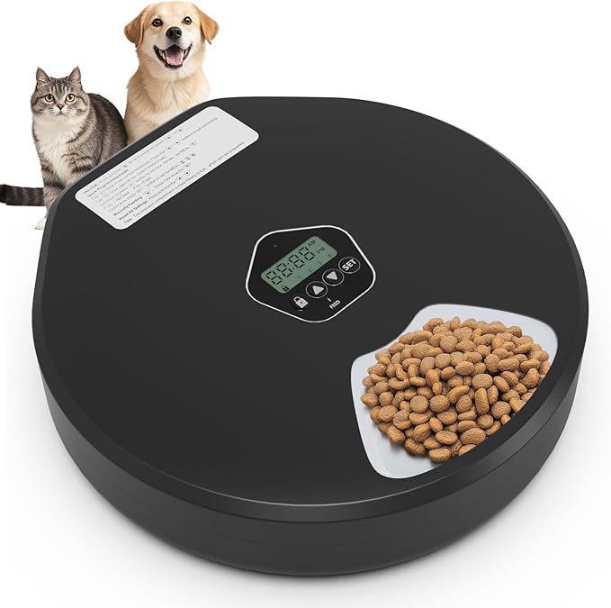 Automatic Pet Feeder for Wet &amp; Dry Food, 5-Meal Timer Dispenser with 2 Ice Packs, Programmable Smart Feeder for Cats/Dogs – Keep Food Fresh Longer (Pet Feeder with 2 Ice Cube Tray)