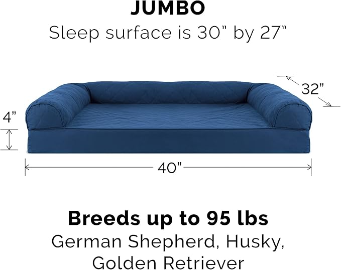 Furhaven Orthopedic Dog Bed for Large Dogs w/ Removable Bolsters &amp; Washable Cover, For Dogs Up to 95 lbs - Quilted Sofa - Navy (Blue), Jumbo/XL