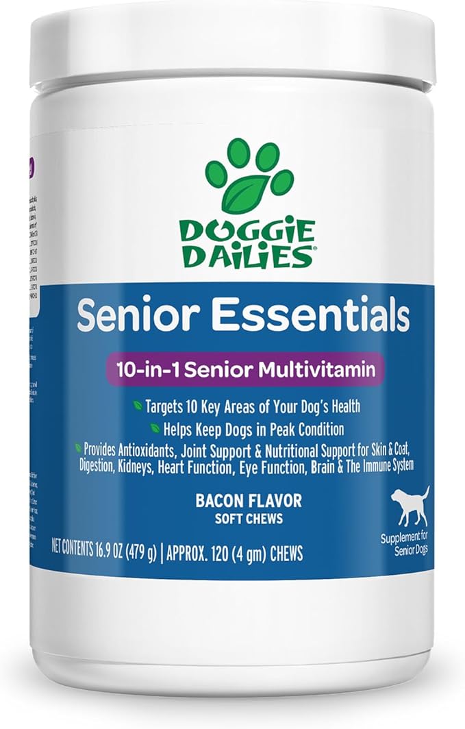 Doggie Dailies Senior Essentials Multivitamin for Dogs Soft Chews | Advanced Dog Multivitamin | Nutritional Support for Joints, Skin &amp; Coat, Digestion, and the Immune System | Bacon Flavor | 120 Count