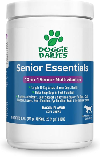 Doggie Dailies Senior Essentials Multivitamin for Dogs Soft Chews | Advanced Dog Multivitamin | Nutritional Support for Joints, Skin &amp; Coat, Digestion, and the Immune System | Bacon Flavor | 120 Count