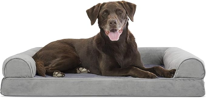 Furhaven Orthopedic Dog Bed for Large/Medium Dogs w/ Removable Bolsters &amp; Washable Cover, For Dogs Up to 55 lbs - Faux Fur &amp; Velvet Sofa - Smoke Gray, Large