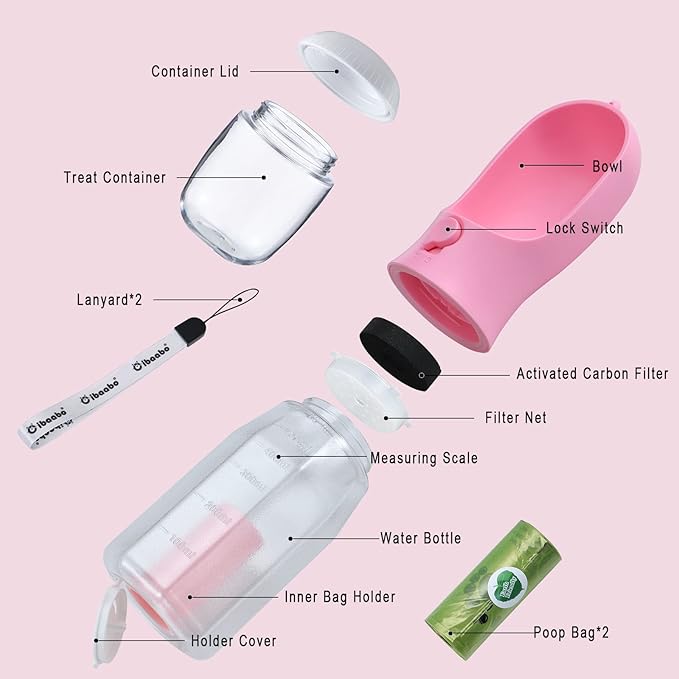 Dog Water Bottle with Food Container &amp; Poop Bag Holder, Travel Water Bowl, Portable Pet Dispenser, Dog Stuff Accessories Items, Puppy Essentials Necessities for Yorkie Chihuahua Walking Hiking