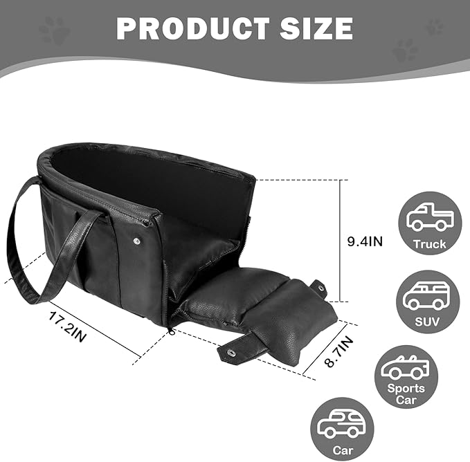 2 and 1 Center Console Dog Car Seat &amp; Carrier for Small Dogs, Large Leather Dog Car Bed with Storage Pocket, Waterproof PVC Leather Seat Travel Bed for Front &amp; Back Seat, Clip-On Safety Leash