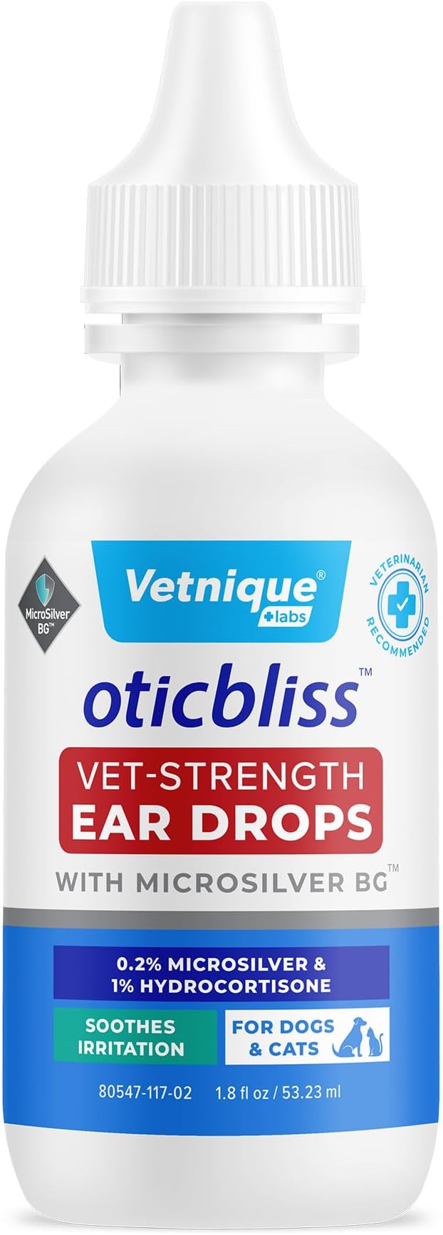 Vetnique Oticbliss Cat &amp; Dog Ear Infection Treatment Drops - with 1% Hydrocortisone &amp; MicroSilver BG for Dog Ear Infections - Vet Recommended Cat &amp; Dog Ear Cleaner for Itchy Ear Relief
