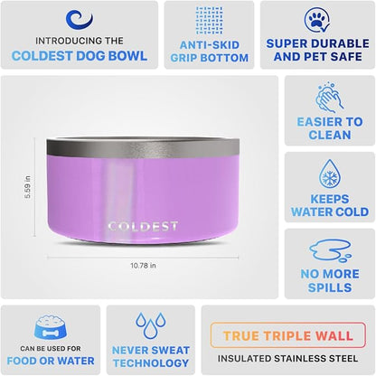 Coldest Dog Bowl - Anti Rust Metal, Non Slip, 3 Layers Insulated Stainless Steel Dog Bowls - Spill Proof &amp; Heavy Duty - Water Bowl for Dogs, Cats, Dish Washer Safe (200 oz, Saturns Purple Glitter)