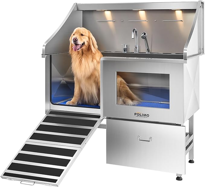 polimo Dog Washing Station, LED Professional Stainless Steel Dog Bathing Station 50", Dog Grooming Tub for Large, Medium &amp; Small Dog - with Window, Ramp, Drawer, Floor Grate &amp; Faucet (Left RAMP, 50")