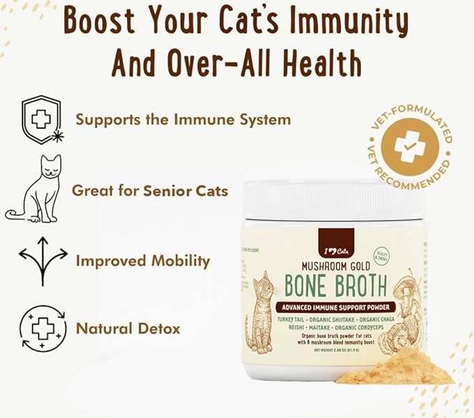 iHeartCats Bone Broth for Cats - Bone Broth &amp; Mushroom Gold Powder Supplement for Immune System Support, Improved Mobility &amp; Flexibility and Natural Detox - Turkey Tail Mushroom for Cats