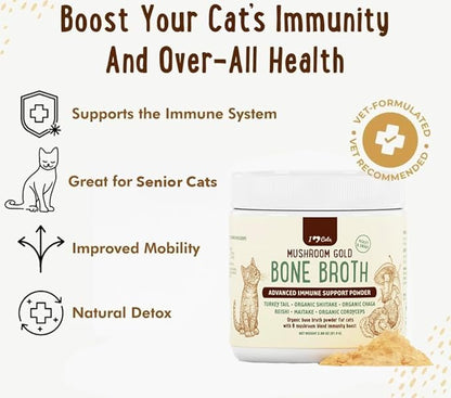 iHeartCats Bone Broth for Cats - Bone Broth &amp; Mushroom Gold Powder Supplement for Immune System Support, Improved Mobility &amp; Flexibility and Natural Detox - Turkey Tail Mushroom for Cats