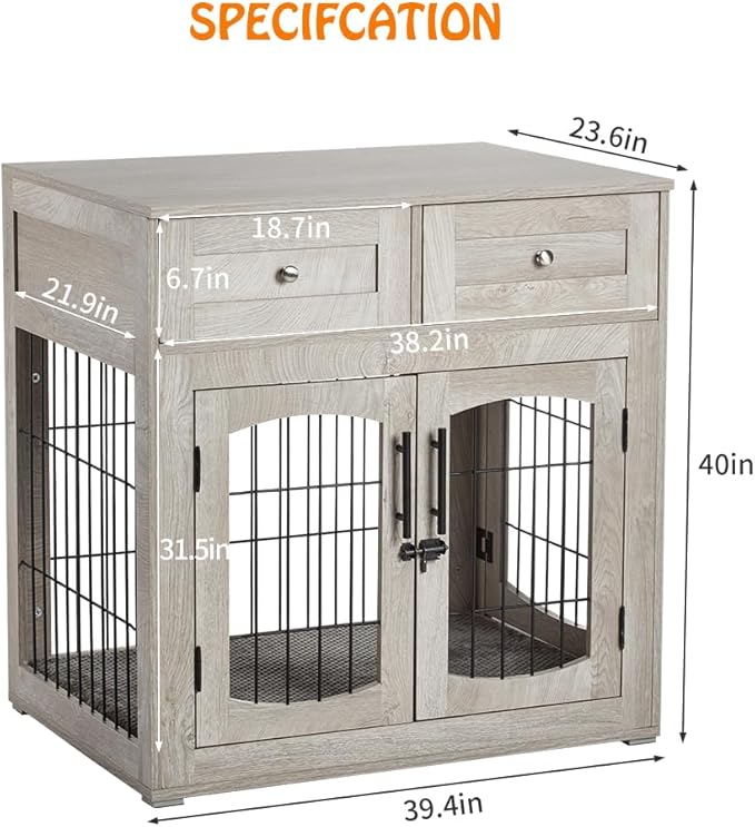 Dog Crate Furniture for Large Dogs, Wooden Dog Kennel Indoor with Double Doors, Dog Cage with Cushion &amp; Drawers, Dog House Side End Table for Large Medium Dogs up to 70 lb, 39.4” L, Grey