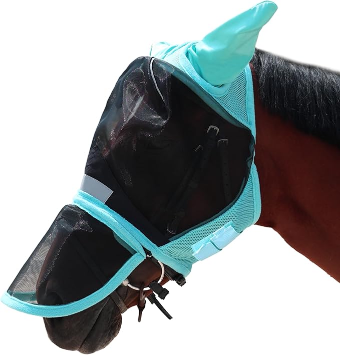 Luminous Horse Fly Mask with Long Nose, Ears, Full Face &amp; Eye Protection - Full Mesh, Detachable Nose Cover, Fleece Padded Edging, Hook-and-Loop Straps with Webbing, Hanging Straps Mint Green