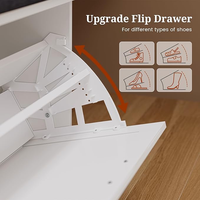 Farmhouse Storage Bench with Flip Drawers &amp; Padded Seat Cushion, Half Hidden Shoe Rack Organizer, Adjustable Shelf Shoe Cabinet for Large Family, Entryway, Bedroom, Living Room (White)