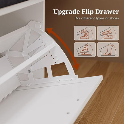 Farmhouse Storage Bench with Flip Drawers &amp; Padded Seat Cushion, Half Hidden Shoe Rack Organizer, Adjustable Shelf Shoe Cabinet for Large Family, Entryway, Bedroom, Living Room (White)