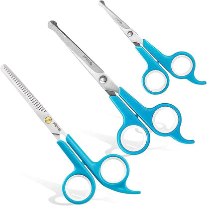 BOSHEL 3 Pc Dog Grooming Scissors Kit - 7" Scissor For Body Hair Trimming, 6" Small Micro-serrated Scissor For Face, Ear, &amp; Paws, Thinning Shears For Dogs - Professional Dog Grooming Kit For Cat &amp; Pet
