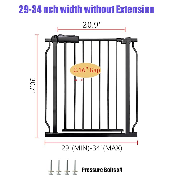 Walk Through Baby &amp; Dog Gate 29-34 Inch, Tension Mounted No Drilling, Indoor Safety Gate for Stairs &amp; Doorways, Metal Design for Kids and Pets, Black