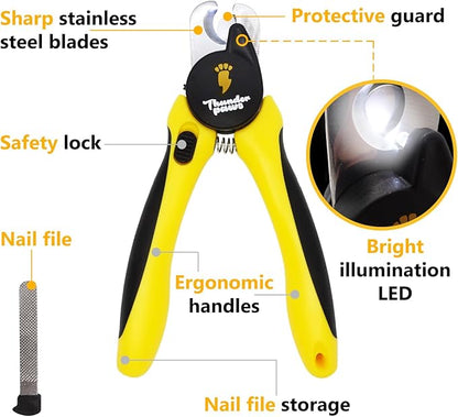 LED Dog Nail Clippers with Light, Trimmers with Protective Guard, Quick Sensor, Safety Lock and Nail File - Suitable for Large and Small Dogs &amp; Cats (Yellow, LED)