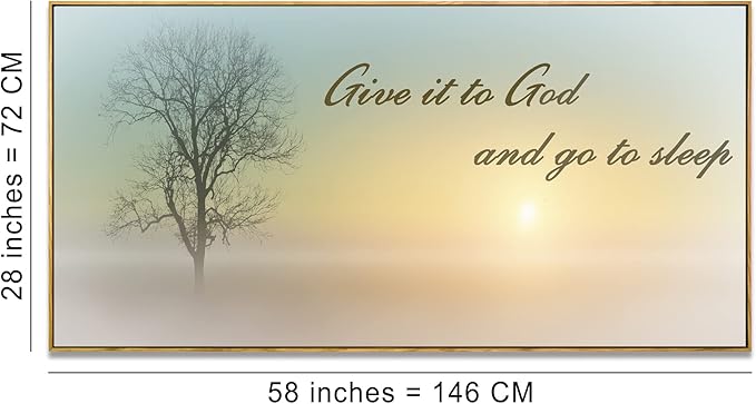 Lasdel Natural Extra Framed Canvas Wall Art of Misty Sunset &amp; Tree Plant Picture For Bedroom Home Above Bed,White Country Wood Sign For Bathroom,Give It To God &amp; Go to Sleep Artwork Decor,30x60