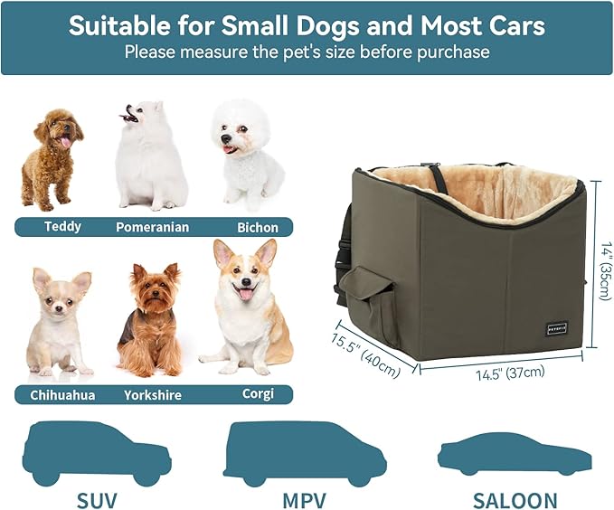 Petsfit Dog Booster Car Seat for Small Dogs, Dog Car Seat with Safety Leash, Suitable for Cars, Trucks, and SUVs (Small, Brown)