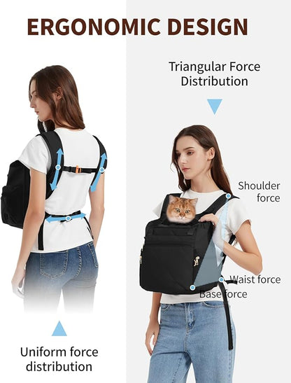 OFY Cat Carrier Puffy Backpack Breathable Small Dog Front Backpack Large Space for Small Dogs, Drawstring &amp; Water-Resisant Pet Bag for Travel Hiking, Black Patent Pending