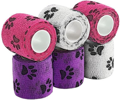 WePet Pet Wrap, Self-Adhesive, Only Sticks to Itself, Non-Woven Tape for Dog Legs, Paws, Wounds, First Aid Cohesive Gauze for Horse, Cat, Bird, Animal, 6 Rolls, 2 Inch, Pawprints B