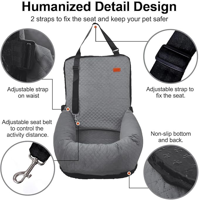 Dog Car Seat for Small Medium Dogs Up to 40lbs, Detachable Washable Soft Pet Booster Travel Bed for Front &amp; Gray Seat with Safety Leash Belt