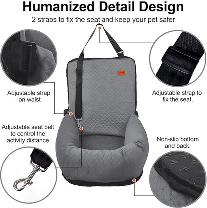 Dog Car Seat for Small Medium Dogs Up to 40lbs, Detachable Washable Soft Pet Booster Travel Bed for Front &amp; Gray Seat with Safety Leash Belt