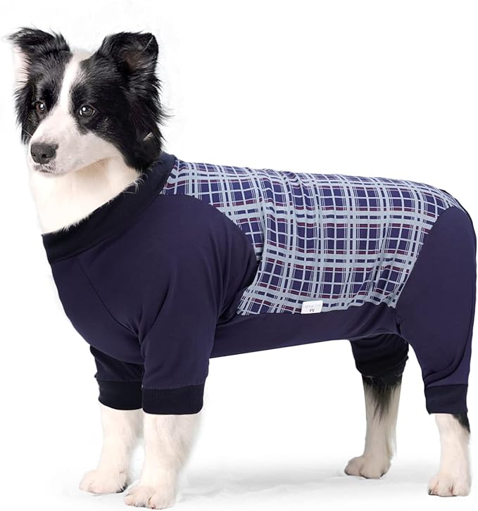 Dog Recovery Suit, Abdominal Wound After Surgery Wear, Anti Licking Bodysuit with Zipper, E-Collar &amp; Cone Alternatives, Plaid Dog Spay Surgical Shirt Prevent Shedding(Large, Blue)