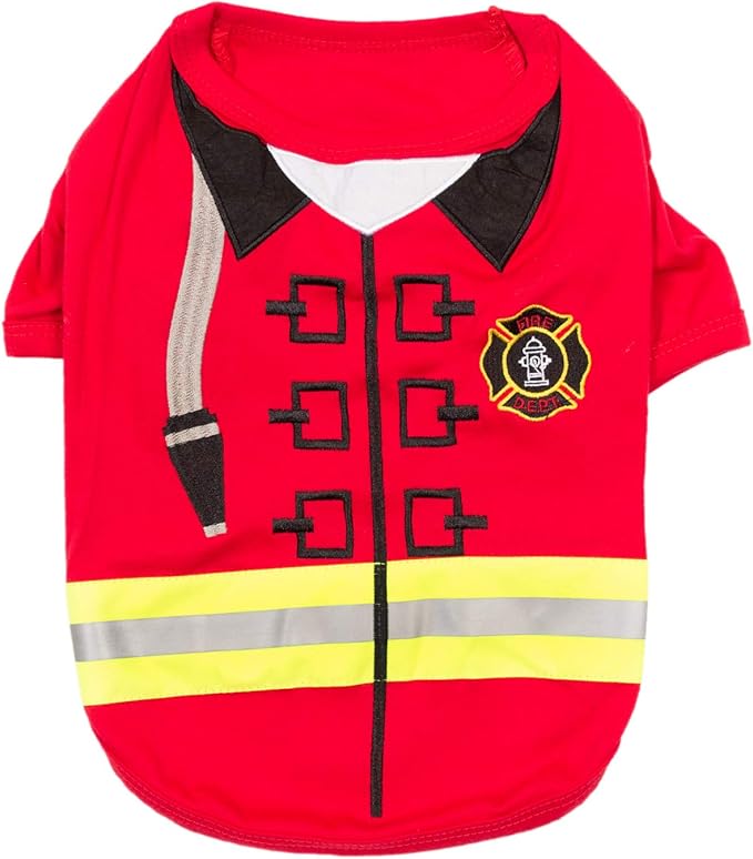 Parisian Pet Embroidered Firefighter Dog Costume - 100% Cotton &amp; Polyester, Sleeved, Medium Dog Size, Red, Lightweight