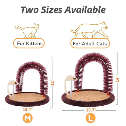 Happi N Pets Large Cat Self Groomer, Arch Grooming Brush with Heavy Wooden Scratching Pad, Rubbing Post &amp; Toy, Cat Face Scratchers Body Massager, Cat Scratchers for Indoor Cats, Brown