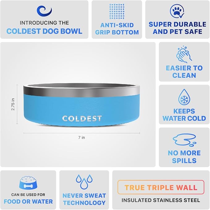 Coldest Dog Bowl - Anti Rust Metal, Non Slip, 3 Layers Insulated Stainless Steel Dog Bowls - Spill Proof &amp; Heavy Duty - Water Bowl for Dogs, Cats &amp; Pets, Dish Washer Safe (42 oz, Celestial Blue)