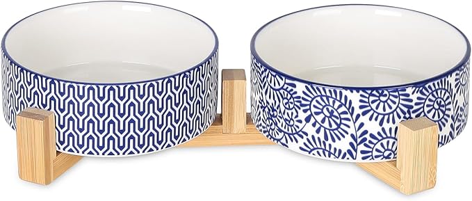 Selamica Ceramic 14 OZ Dog Bowls, Dog Food and Water Bowls with Wooden Stand, Anti-Slip Dog Dishes Set for Cats &amp; Small Dogs, Weighted Pet Bowls Set of 2, Vintage Blue B