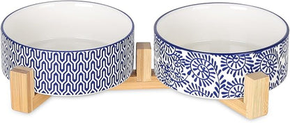 Selamica Ceramic 14 OZ Dog Bowls, Dog Food and Water Bowls with Wooden Stand, Anti-Slip Dog Dishes Set for Cats &amp; Small Dogs, Weighted Pet Bowls Set of 2, Vintage Blue B