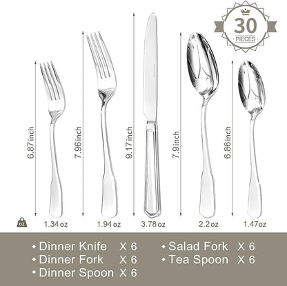HIKAA Premium Silverware Set, Stainless Steel Flatware Set with Wide-Based Handles for Comfort &amp; Durability, Forks &amp; Spoons Cutlery Silverware Set (30PCS)
