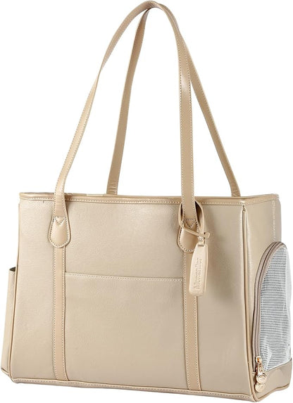 Stylish Dog Purse Carrier, Leather Pet Carrier Bag for Small Dogs Cats Puppy, Airline Approved Soft-Sided Carrier Ivory