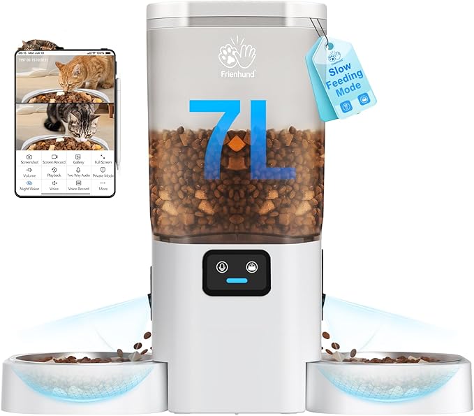 Automatic Cat Feeder with 2 Camera for 2 Cats: 5G WiFi Automatic Dog Feeder with Night Vision &amp; Slow Feed, 7L Auto Cat Food Dispenser for Multiple Pet, Detachable for Easy Cleaning - 29 Cup