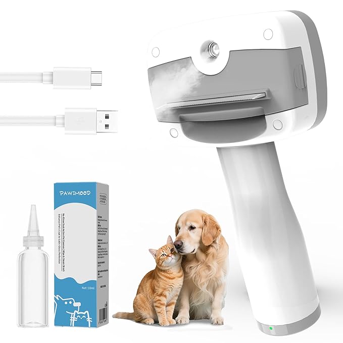 5 in 1 Pet Steam Brush for Dogs &amp; Cats – Self Cleaning, 3 Pet Brush for Smoothing, Dematting, Thinning – Shedding, Grooming &amp; Hair Removal, Includes Shampoo &amp; Storage Case (7.4"-deshedding)