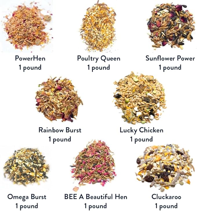 Pampered Chicken Mama Chicken Treat for Hens 8 Pounds Sampler Bundle: 8 Different Treats in One Box! - Grubs, Dried Mealworms, Cracked Corn, Oyster Shell, &amp; Duck Feed